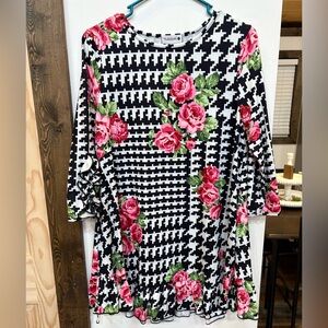 Tuxedo Black and White Houndstooth Top with Pink Floral Accents